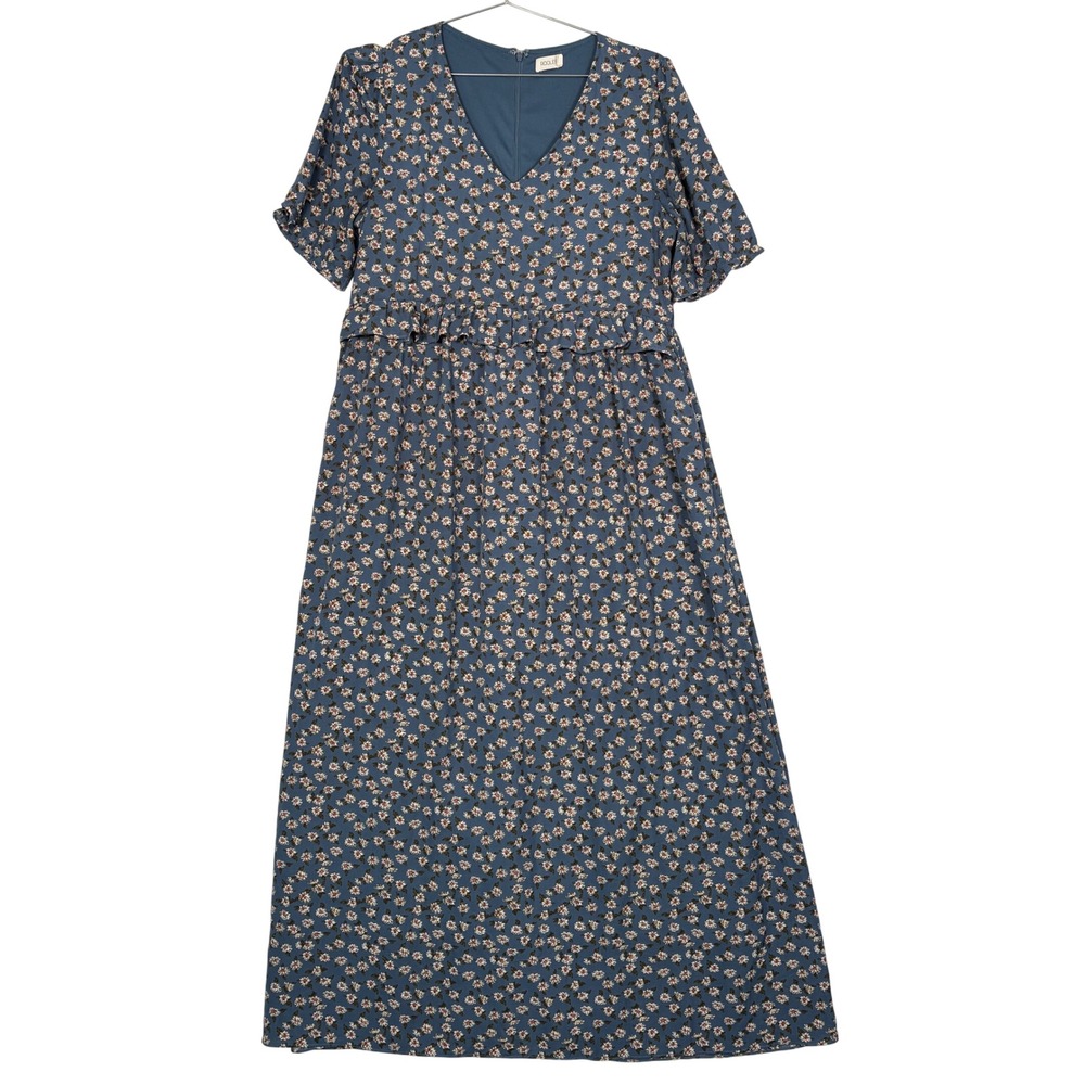 Roolee Women Maxi Dress Large Blue Floral V-Neck Short Sleeve Ruffle RID319-B